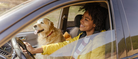 Happy woman and her dog driving down the road